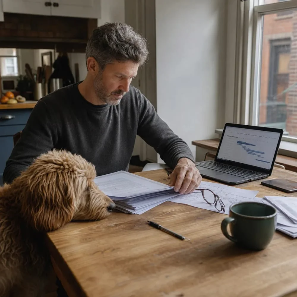 philadelphia-li-permit-paperwork-homeowner-review Homeowner reviewing Philadelphia L&I permit paperwork before general construction project