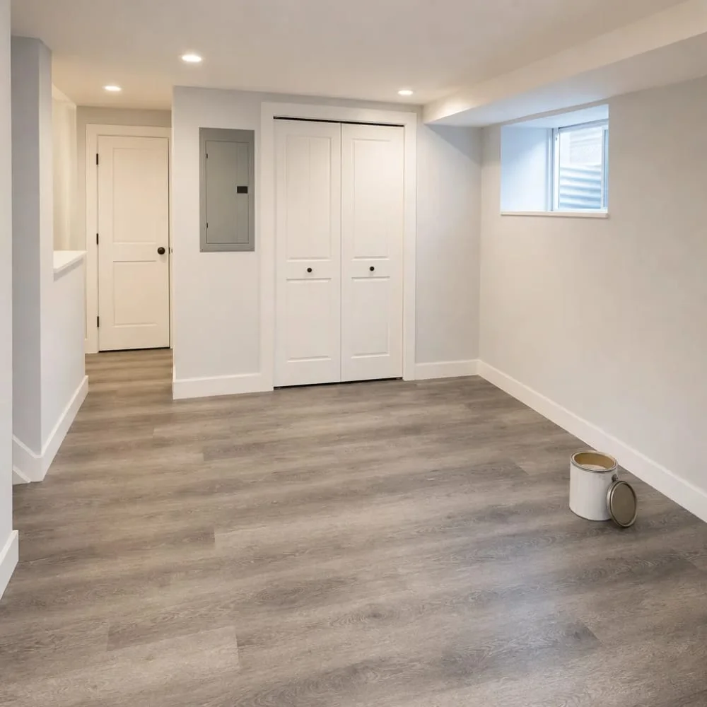 general-construction-finished-basement-philadelphia Finished basement renovation showing completed general construction work in Philadelphia home
