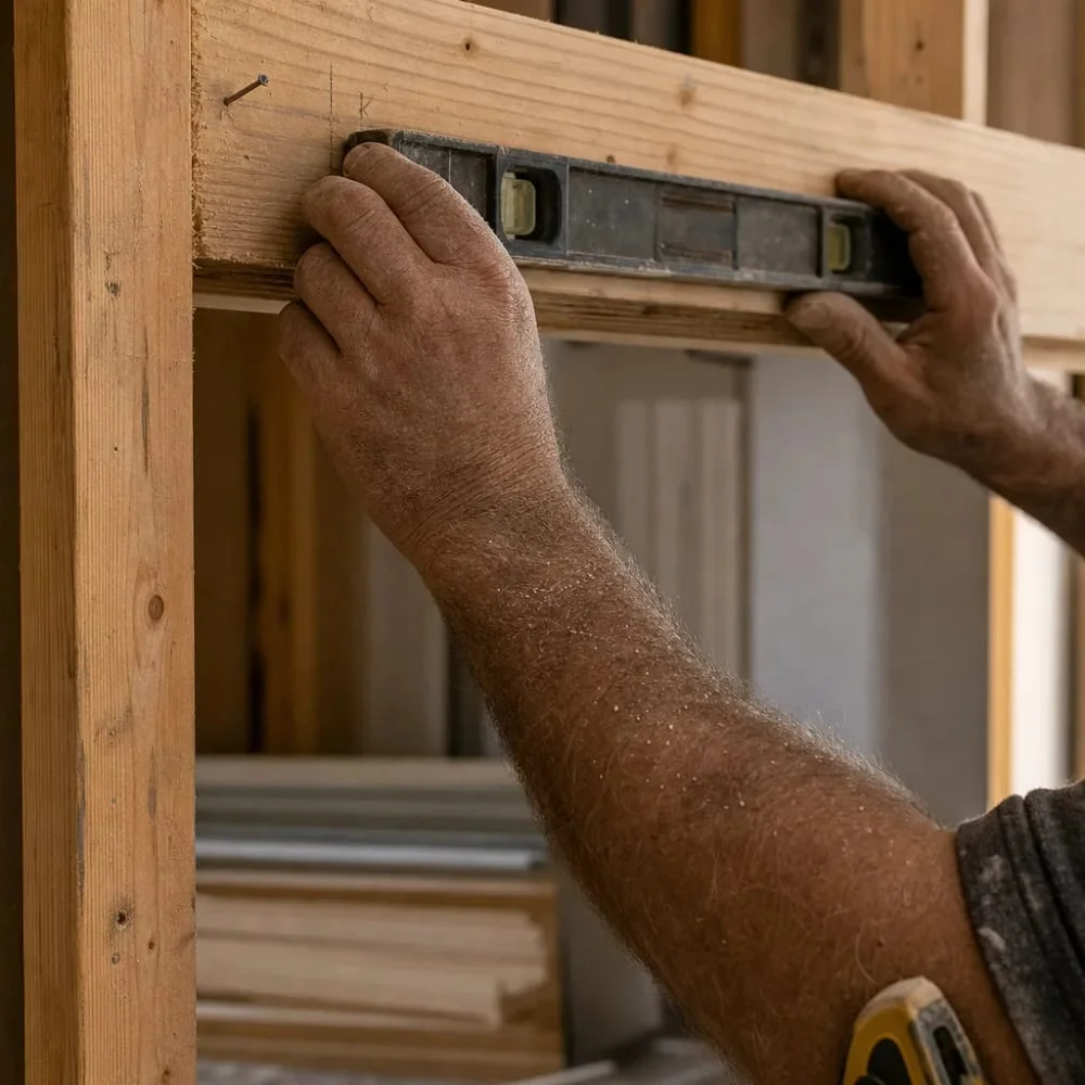 general-contractor-level-door-header-philadelphia Contractor leveling a door header during Philadelphia general construction framing work