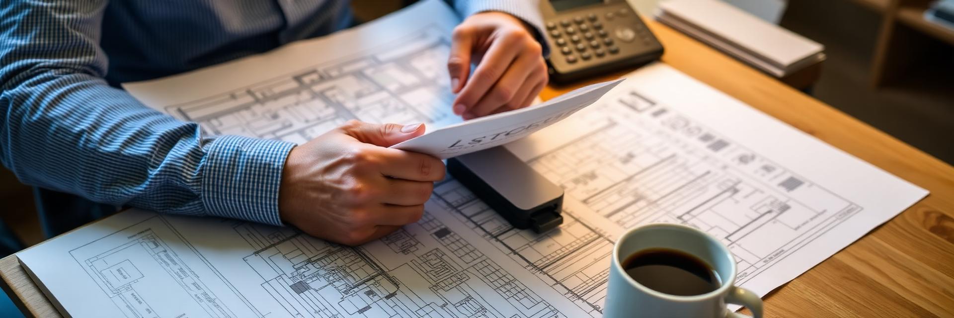 Contractor reviewing blueprints and project plans for a Philadelphia general contracting quote