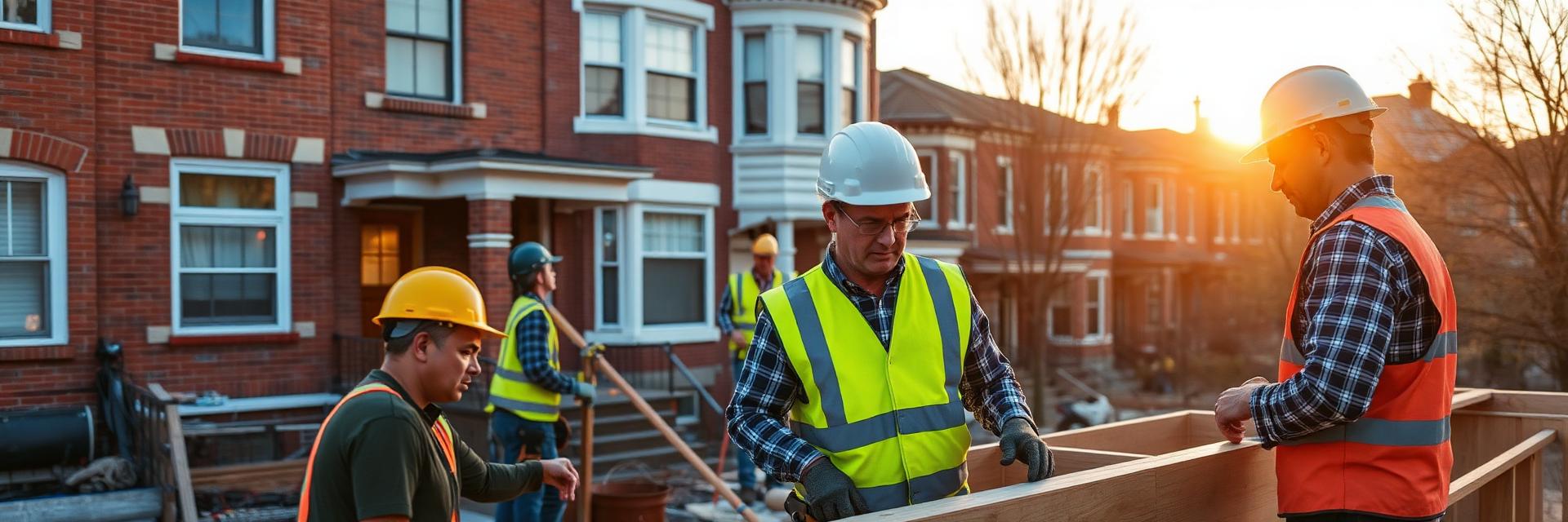 Construction crew working on a residential renovation project near Philadelphia row homes