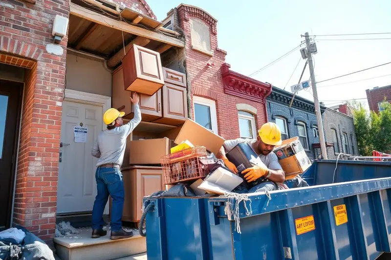 Demolition and junk removal crew hauling cabinets and debris into a dumpster at a Philadelphia row home