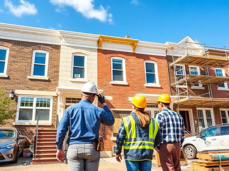 General contracting team inspecting Philadelphia row homes for a construction project