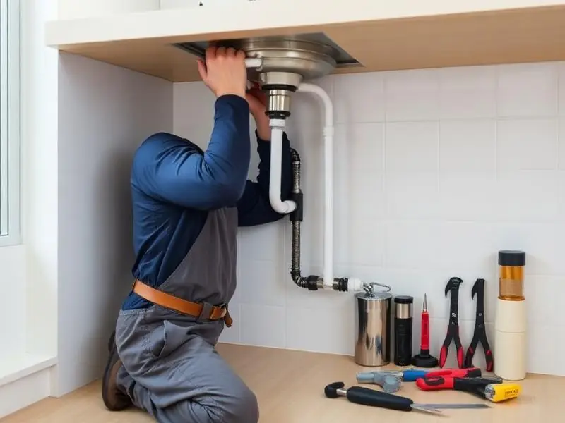 Professional plumber repairing pipes in a residential kitchen