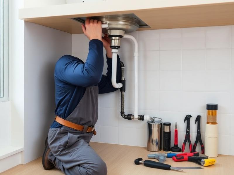 Professional plumber repairing pipes in a residential kitchen
