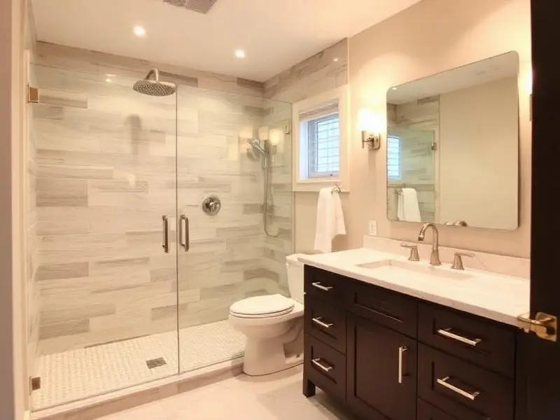 Beautifully completed bathroom renovation with custom tile shower